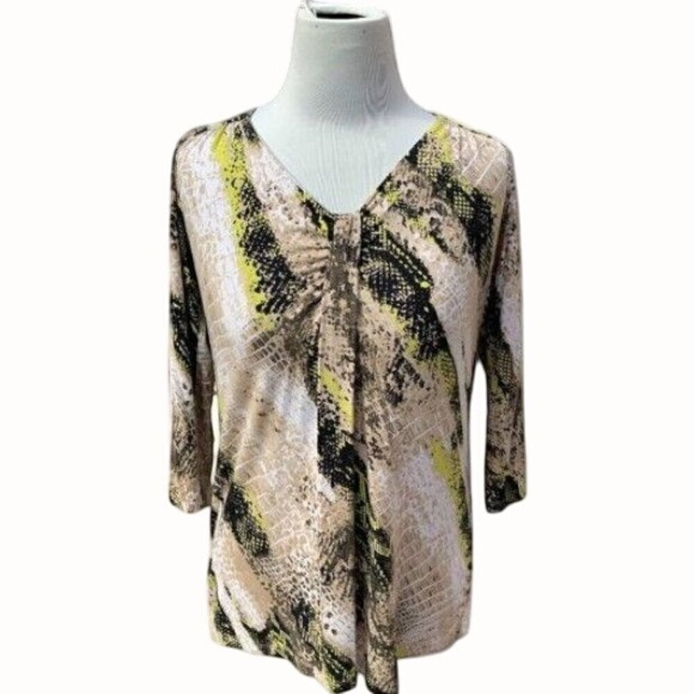 Dana Buchman Womens Quarter Sleeve Beige Vneck Snake Print Tunic Top Size Medium